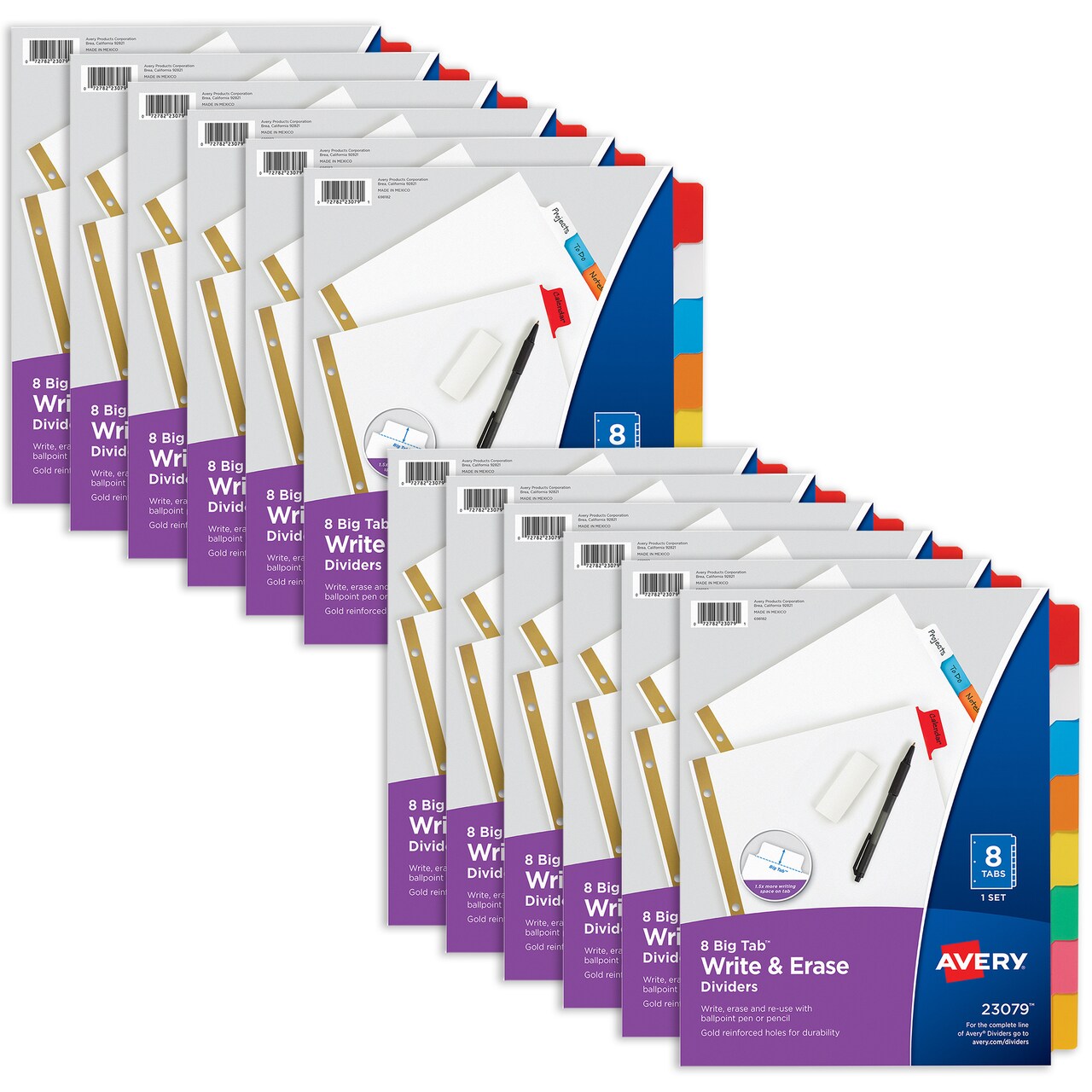 Avery Big Tab Write & Erase Dividers for 3 Ring Binders, 8-Tab Set, Multicolor Divider Tabs, Great for Organizing Projects, Reports, Finances, and More (12-Pack of 23079)